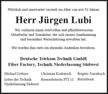Traueranzeige von Jürgen Lubi von vrm-trauer