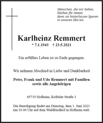 Traueranzeige von Karlheinz Remmert von vrm-trauer