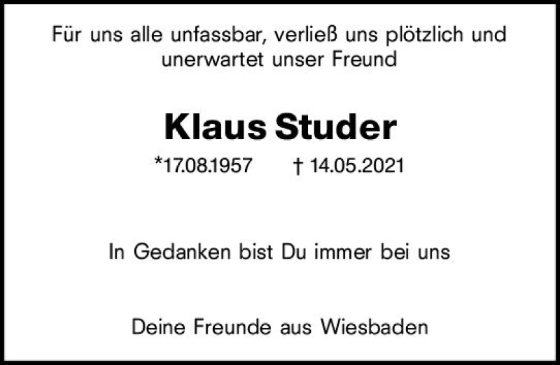  Traueranzeige für Klaus Studer vom 22.05.2021 aus vrm-trauer