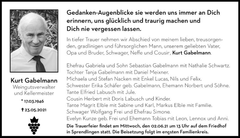  Traueranzeige für Kurt Gabelmann vom 28.05.2021 aus vrm-trauer