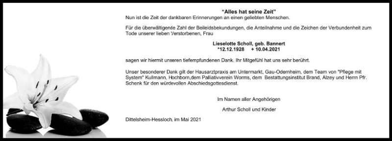  Traueranzeige für Lieselotte Scholl vom 29.05.2021 aus vrm-trauer