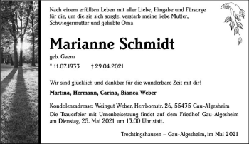 Traueranzeige von Marianne Schmidt von vrm-trauer