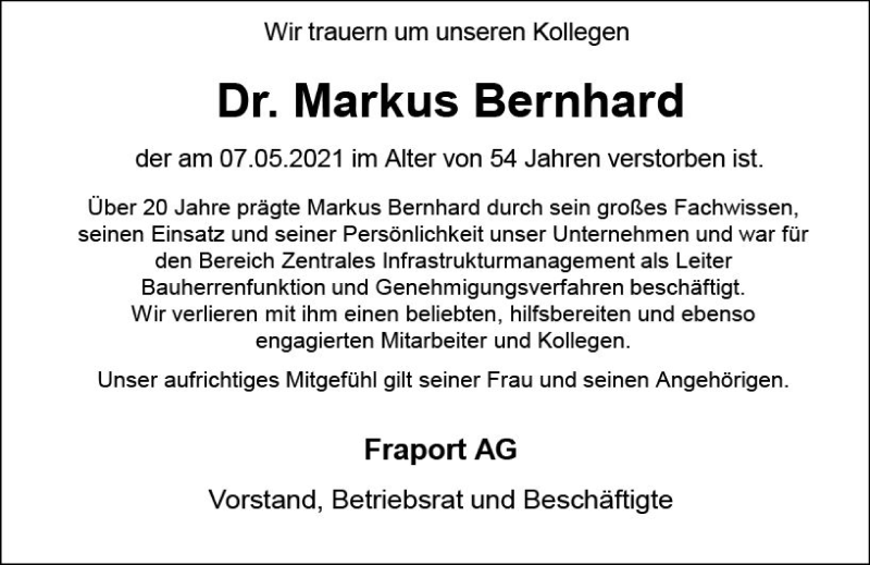  Traueranzeige für Markus Bernhard vom 15.05.2021 aus vrm-trauer