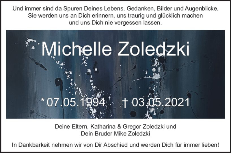 Traueranzeige für Michelle Zoledzki vom 15.05.2021 aus vrm-trauer