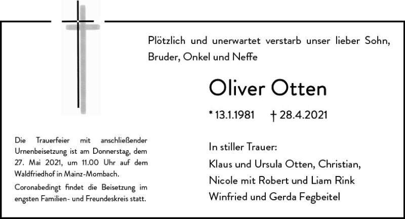 Traueranzeige für Oliver Otten vom 22.05.2021 aus vrm-trauer