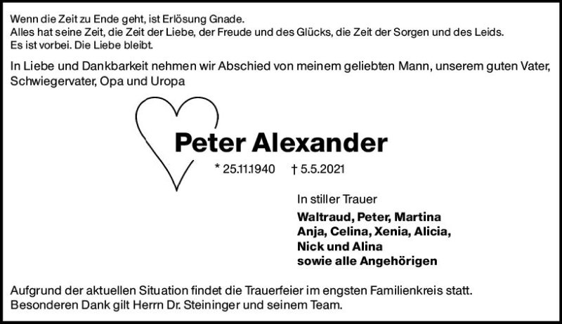  Traueranzeige für Peter Alexander  vom 15.05.2021 aus vrm-trauer
