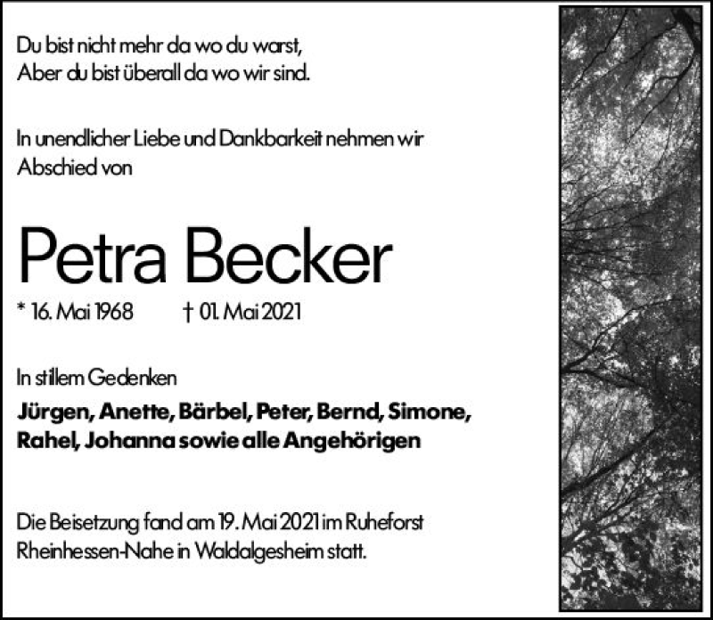  Traueranzeige für Petra Becker vom 29.05.2021 aus vrm-trauer