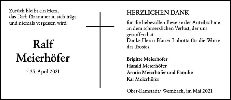  Traueranzeige für Ralf Meierhöfer vom 29.05.2021 aus vrm-trauer