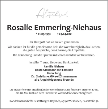 Traueranzeige von Rosalie Emmering-Niehaus von vrm-trauer
