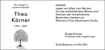 Traueranzeige von Theo Körner von vrm-trauer