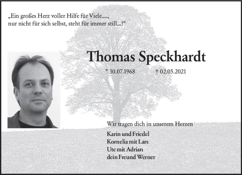  Traueranzeige für Thomas Speckhardt vom 15.05.2021 aus vrm-trauer