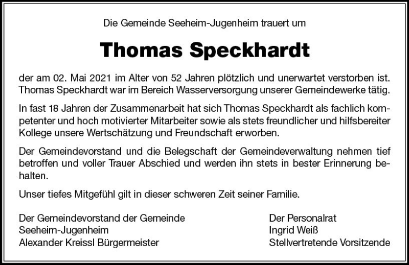  Traueranzeige für Thomas Speckhardt vom 15.05.2021 aus vrm-trauer