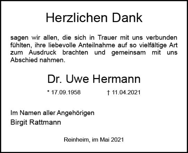  Traueranzeige für Uwe Hermann vom 15.05.2021 aus vrm-trauer