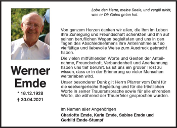 Traueranzeige von Werner Emde von vrm-trauer