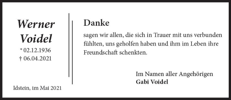  Traueranzeige für Werner Voidel vom 29.05.2021 aus vrm-trauer