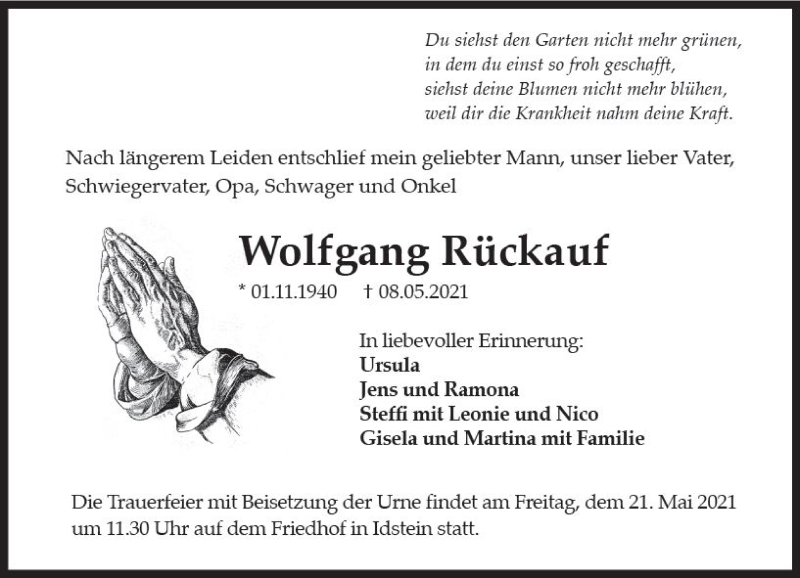  Traueranzeige für Wolfgang Rückauf vom 15.05.2021 aus vrm-trauer