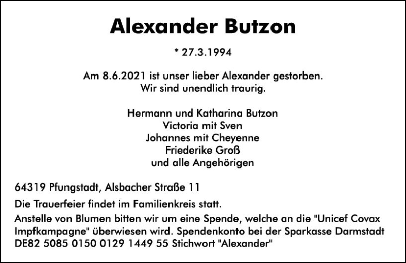  Traueranzeige für Alexander Butzon vom 12.06.2021 aus vrm-trauer