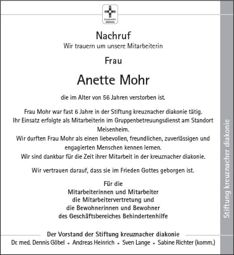  Traueranzeige für Anette Mohr vom 05.06.2021 aus vrm-trauer