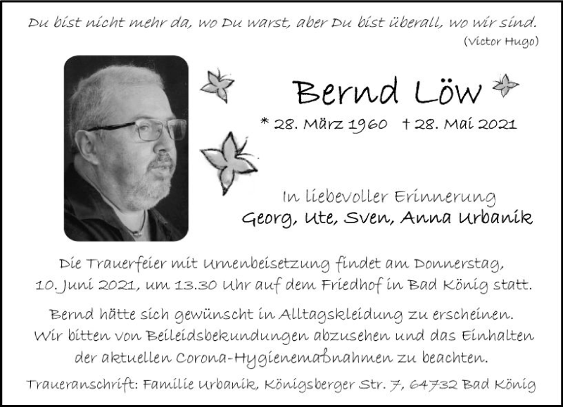  Traueranzeige für Bernd Löw vom 05.06.2021 aus vrm-trauer