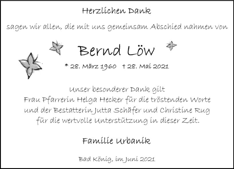  Traueranzeige für Bernd Löw vom 26.06.2021 aus vrm-trauer