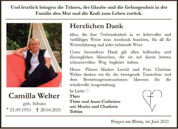 Traueranzeige von Camilla Welter von vrm-trauer