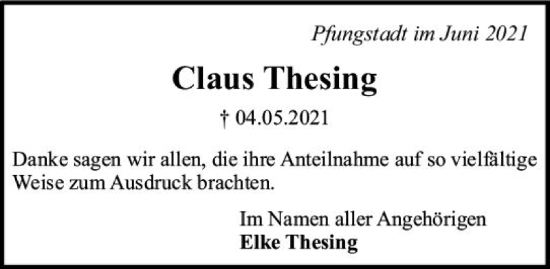  Traueranzeige für Claus Thesing vom 12.06.2021 aus vrm-trauer