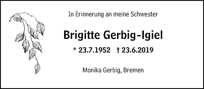  Traueranzeige für Brigitte Gerbig-Igiel vom 23.06.2021 aus VRM Tageszeitungen