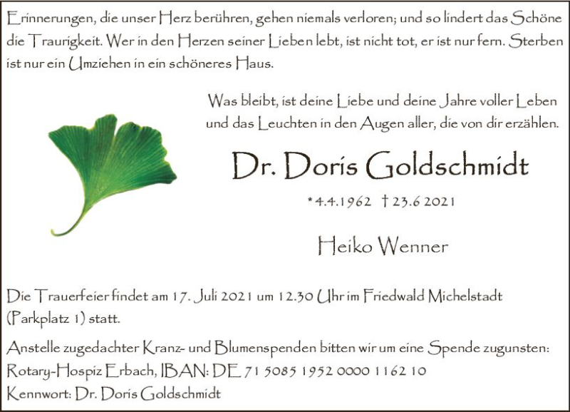  Traueranzeige für Doris Goldschmidt vom 26.06.2021 aus vrm-trauer