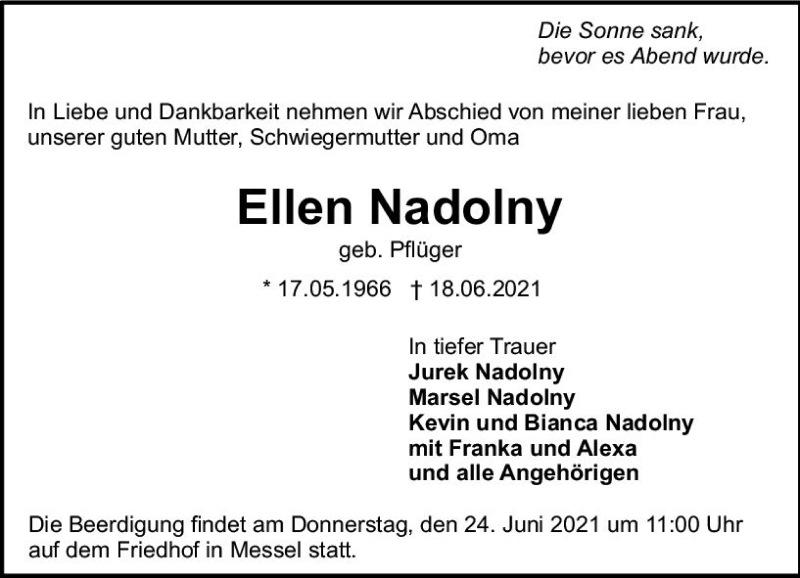  Traueranzeige für Ellen Nadolny vom 23.06.2021 aus vrm-trauer