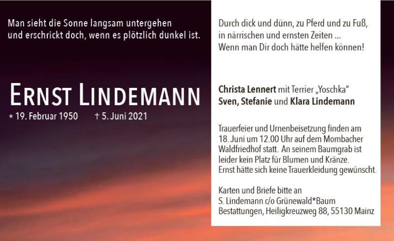  Traueranzeige für Ernst Lindemann vom 16.06.2021 aus vrm-trauer