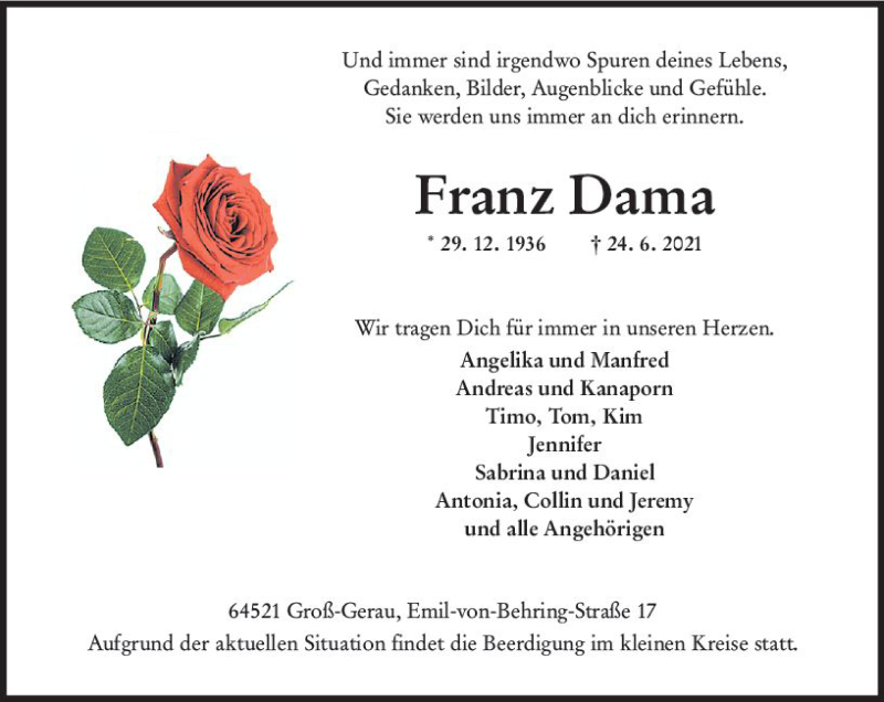  Traueranzeige für Franz Dama vom 29.06.2021 aus vrm-trauer