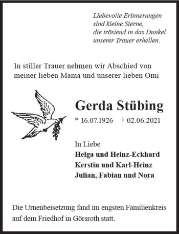 Traueranzeige von Gerda Stübing von vrm-trauer
