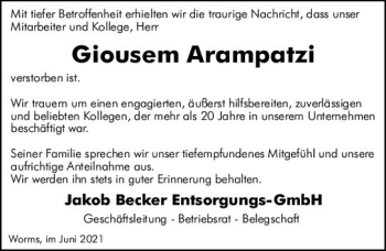 Traueranzeige von Giousem Arampatzi von vrm-trauer