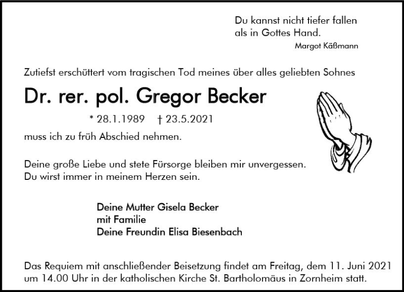  Traueranzeige für Gregor Becker vom 05.06.2021 aus vrm-trauer