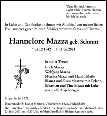 Traueranzeige von Hannelore Mazza von vrm-trauer