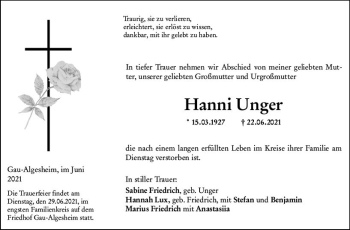 Traueranzeige von Hanni Unger von vrm-trauer