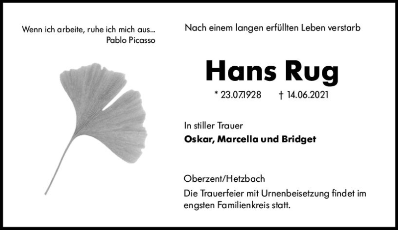  Traueranzeige für Hans Rug vom 19.06.2021 aus vrm-trauer