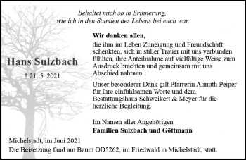 Traueranzeige von Hans Sulzbach von vrm-trauer