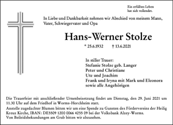 Traueranzeige von Hans-Werner Stolze von vrm-trauer