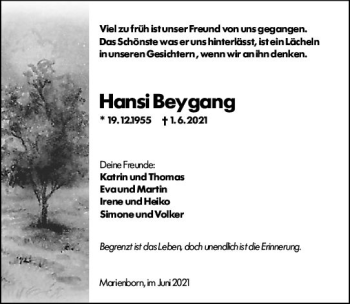 Traueranzeige von Hansi Beygang von vrm-trauer