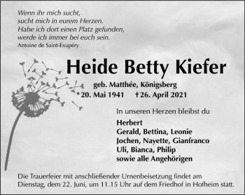 Traueranzeige von Heide Betty Kiefer von vrm-trauer