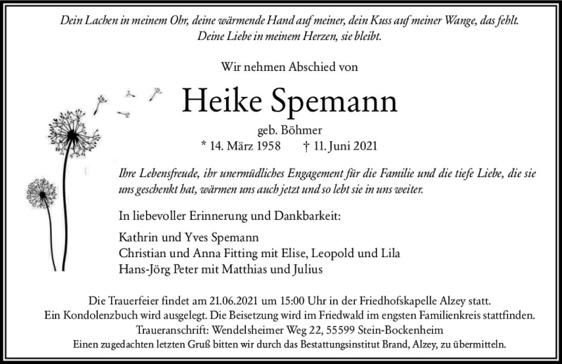  Traueranzeige für Heike Spemann vom 17.06.2021 aus vrm-trauer