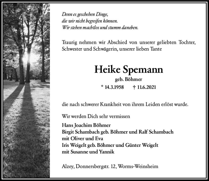  Traueranzeige für Heike Spemann vom 17.06.2021 aus vrm-trauer