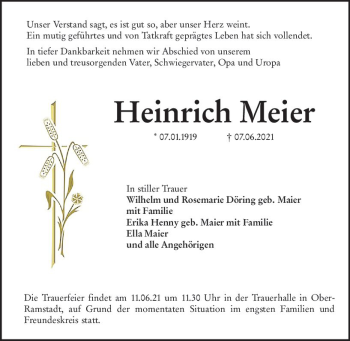 Traueranzeige von Heinrich Meier von vrm-trauer