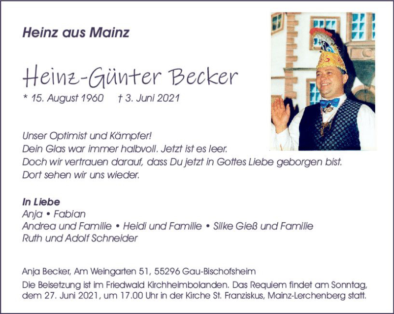  Traueranzeige für Heinz-Günther Becker vom 12.06.2021 aus vrm-trauer