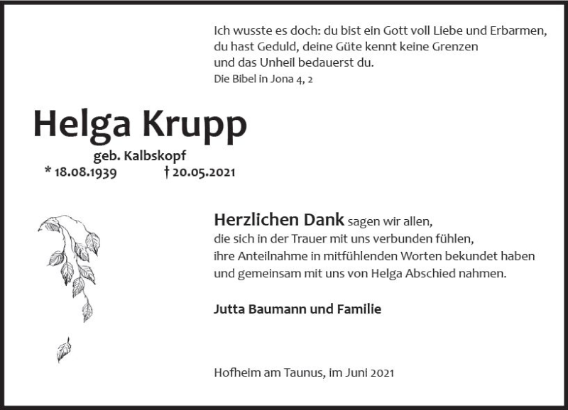  Traueranzeige für Helga Krupp vom 11.06.2021 aus vrm-trauer