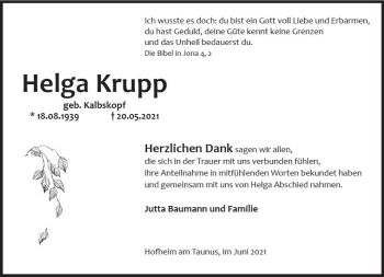 Traueranzeige von Helga Krupp von vrm-trauer