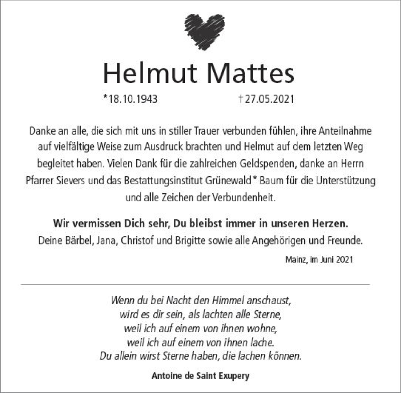  Traueranzeige für Helmut Mattes vom 19.06.2021 aus vrm-trauer