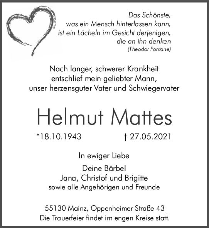  Traueranzeige für Helmut Mattes vom 05.06.2021 aus vrm-trauer