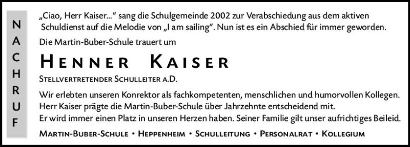  Traueranzeige für Henner Kaiser vom 19.06.2021 aus vrm-trauer